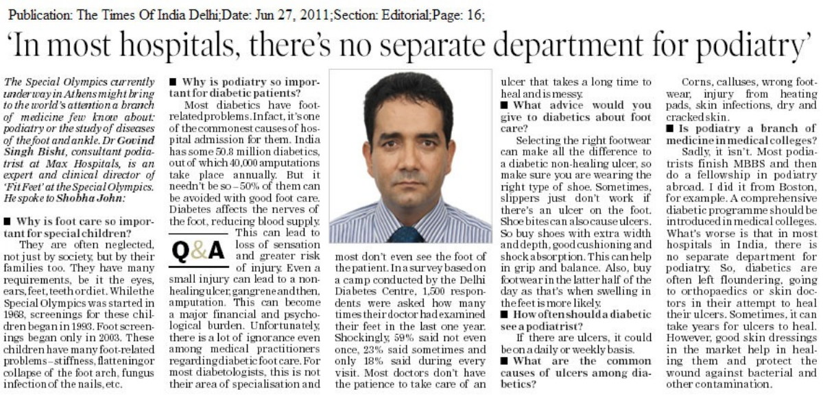 Podiatry newspaper article featuring Dr Govind Singh Bisht
